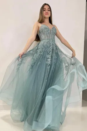 A-Line V Neck Tulle Lace Gray Green Long Prom Dress  PSK506