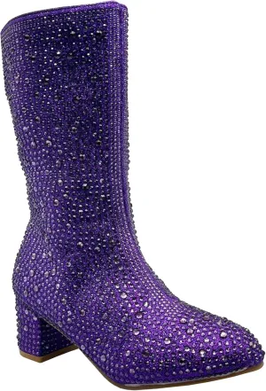 ABSOLEX Girl's Rhinestone Round Toe Knee High Chunky Low Heel Boot