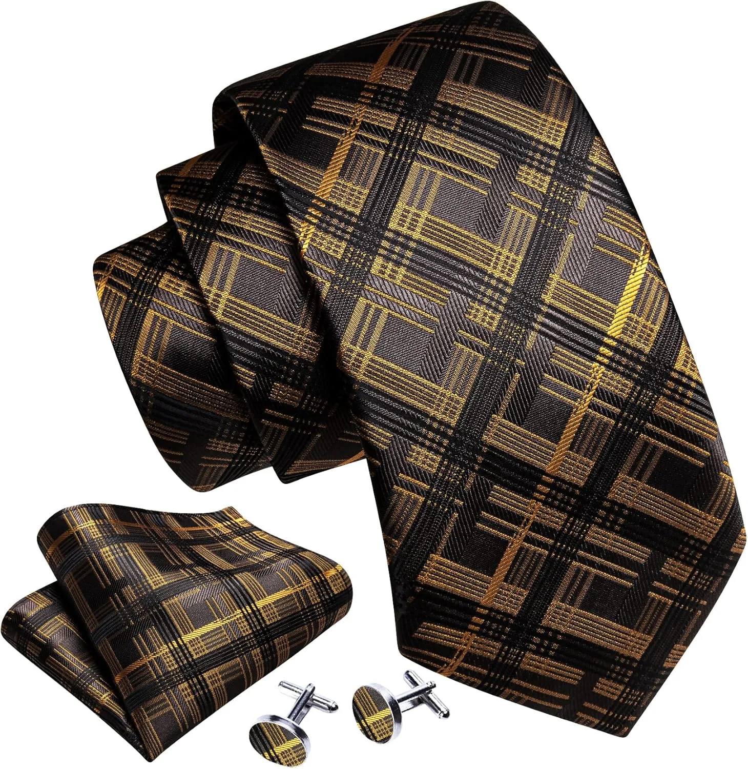 Barry.Wang Plaid Ties Check Mens Necktie Set with Handkerchief Cufflinks Classic Stripe
