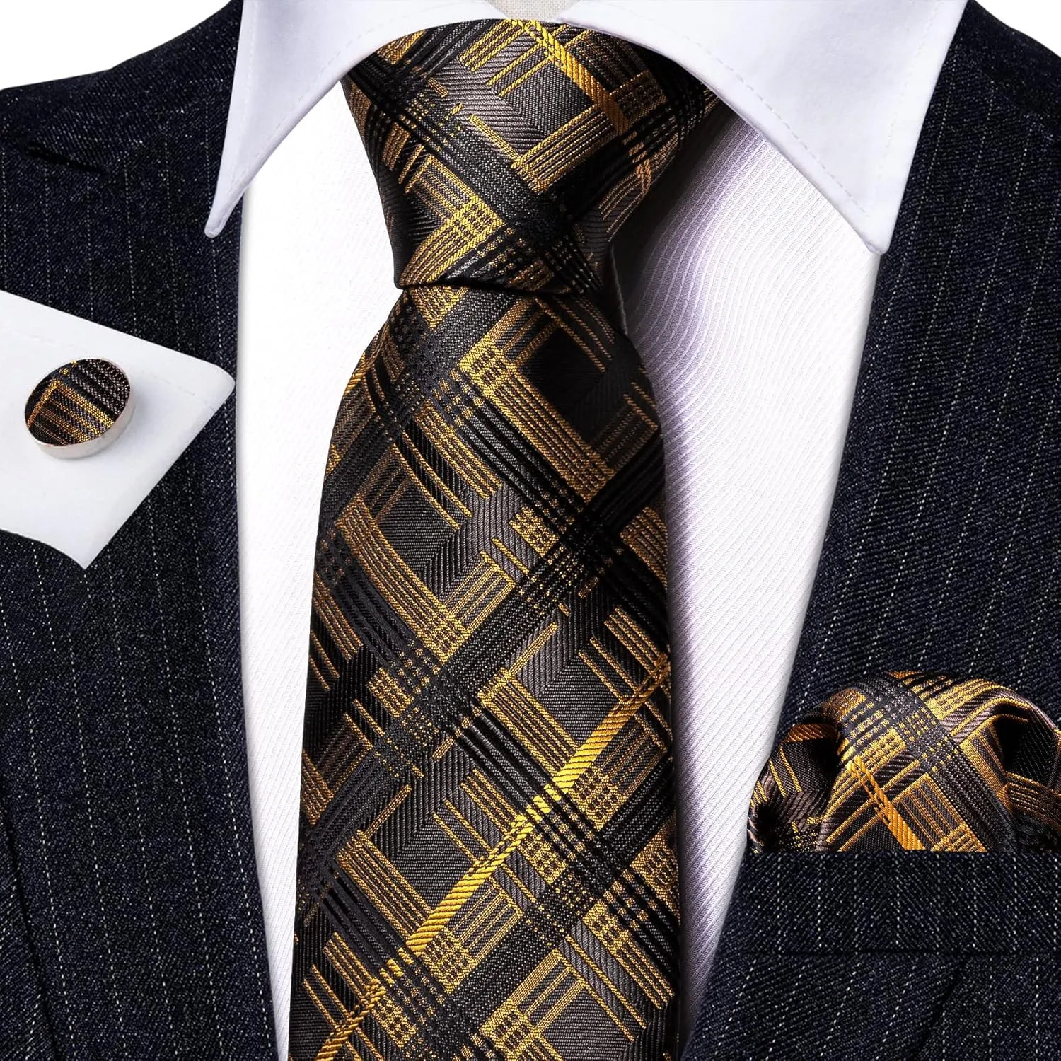Barry.Wang Plaid Ties Check Mens Necktie Set with Handkerchief Cufflinks Classic Stripe
