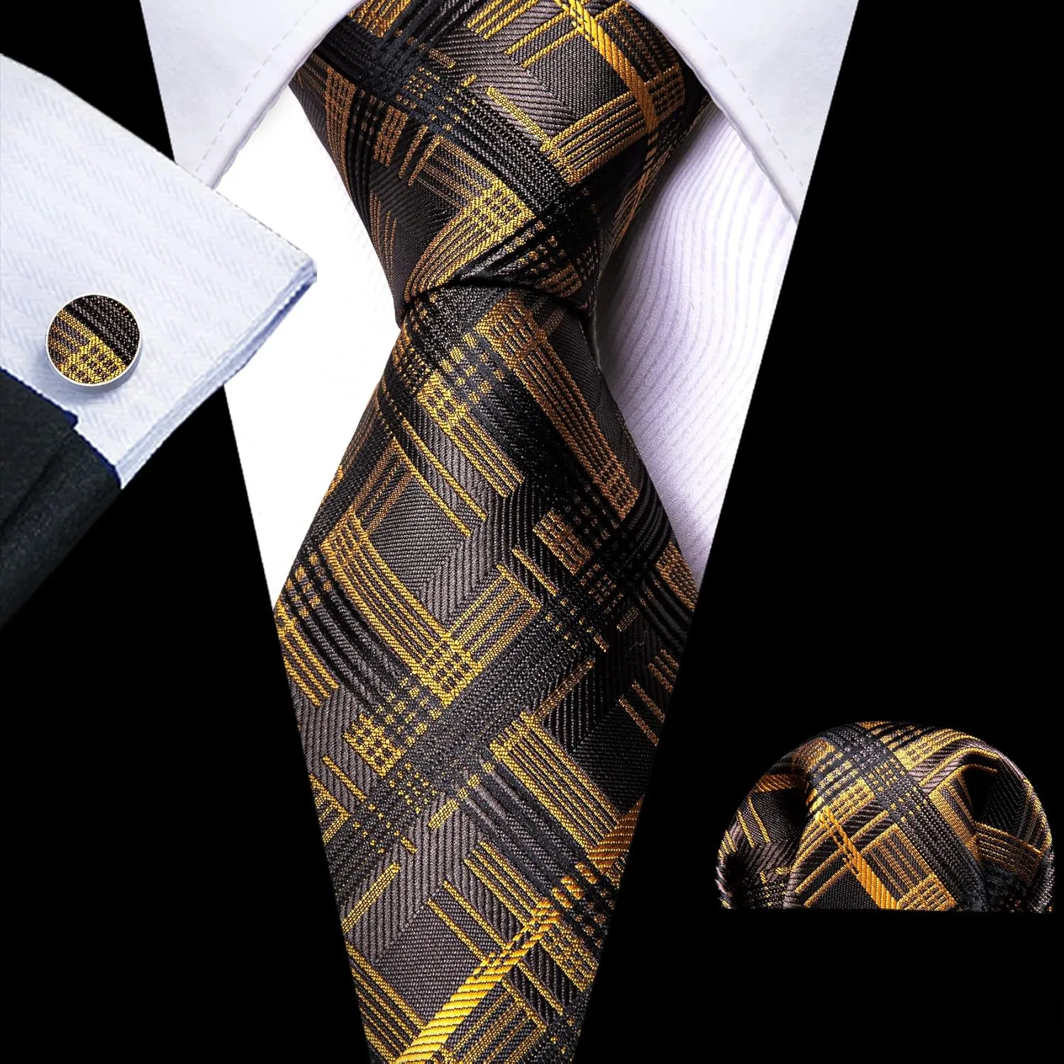 Barry.Wang Plaid Ties Check Mens Necktie Set with Handkerchief Cufflinks Classic Stripe