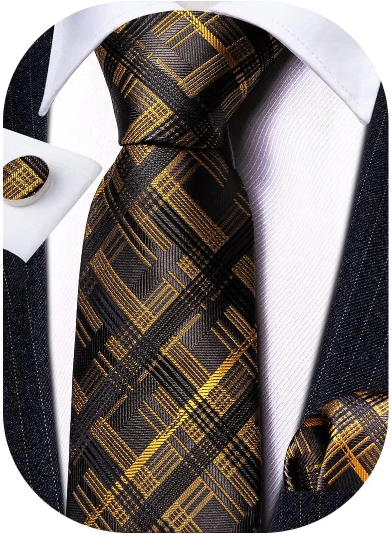Barry.Wang Plaid Ties Check Mens Necktie Set with Handkerchief Cufflinks Classic Stripe
