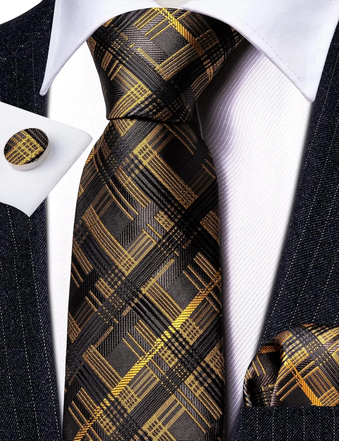 Barry.Wang Plaid Ties Check Mens Necktie Set with Handkerchief Cufflinks Classic Stripe