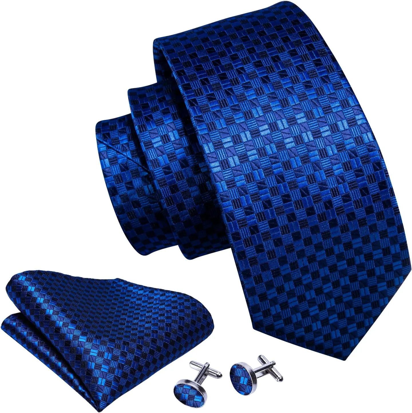 Barry.Wang Plaid Ties Check Mens Necktie Set with Handkerchief Cufflinks Classic Stripe