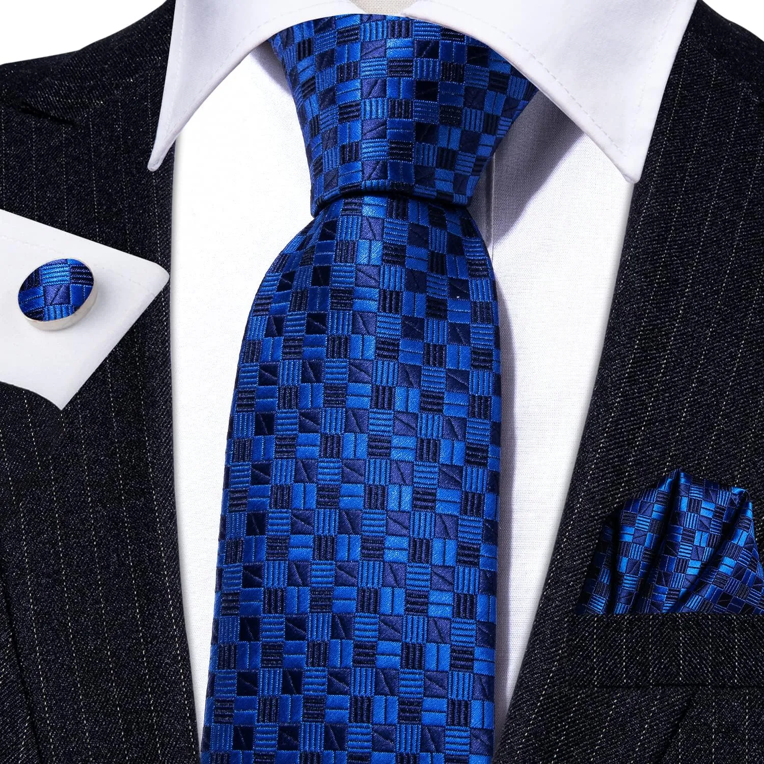 Barry.Wang Plaid Ties Check Mens Necktie Set with Handkerchief Cufflinks Classic Stripe