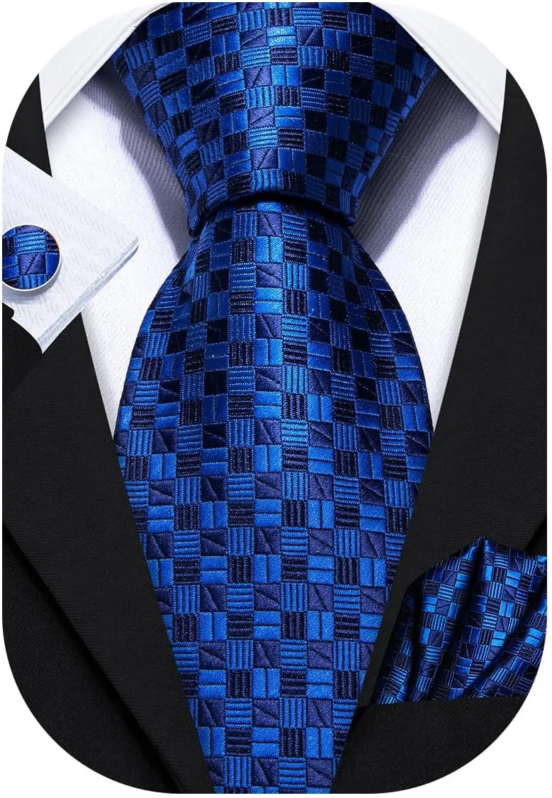 Barry.Wang Plaid Ties Check Mens Necktie Set with Handkerchief Cufflinks Classic Stripe