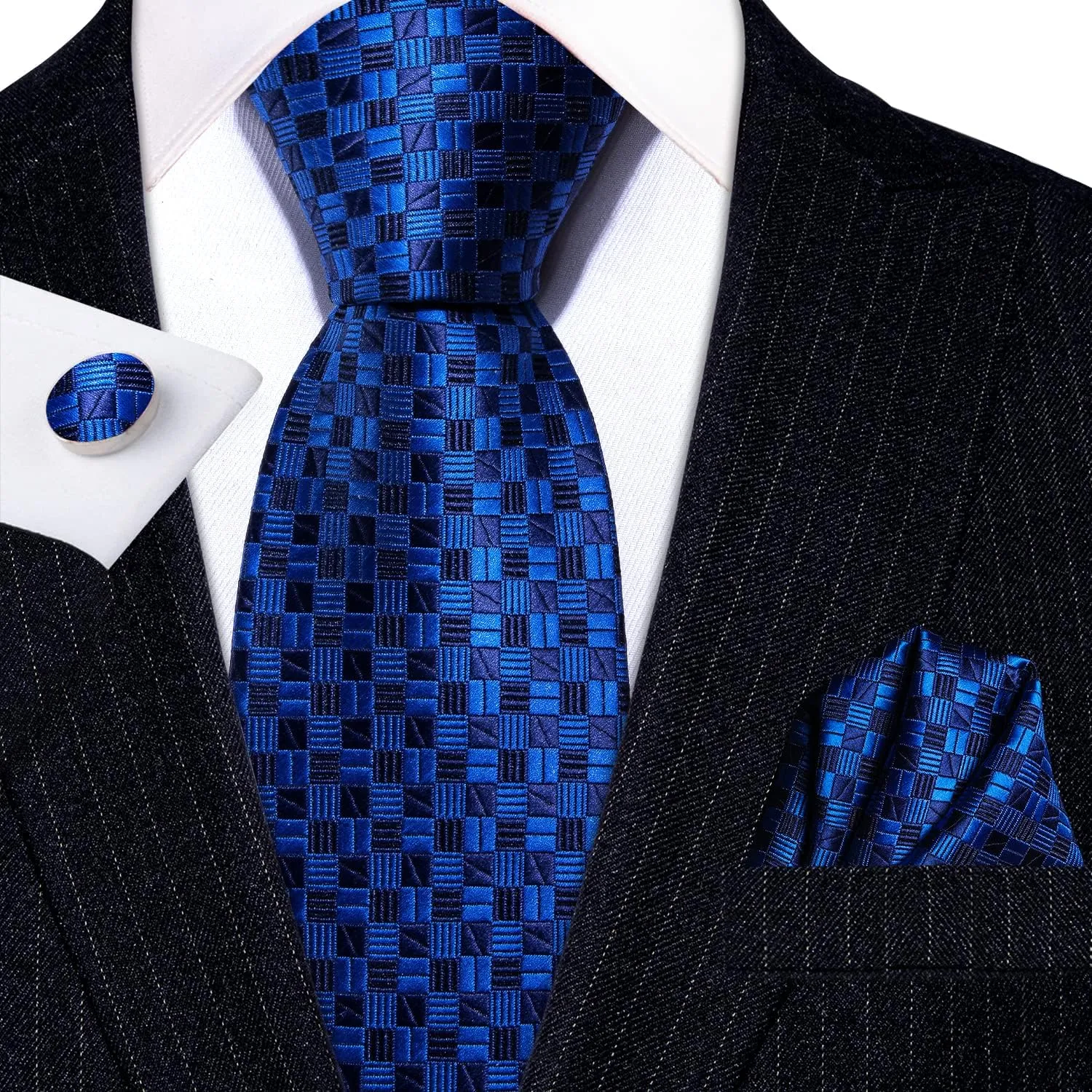 Barry.Wang Plaid Ties Check Mens Necktie Set with Handkerchief Cufflinks Classic Stripe