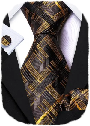 Barry.Wang Plaid Ties Check Mens Necktie Set with Handkerchief Cufflinks Classic Stripe