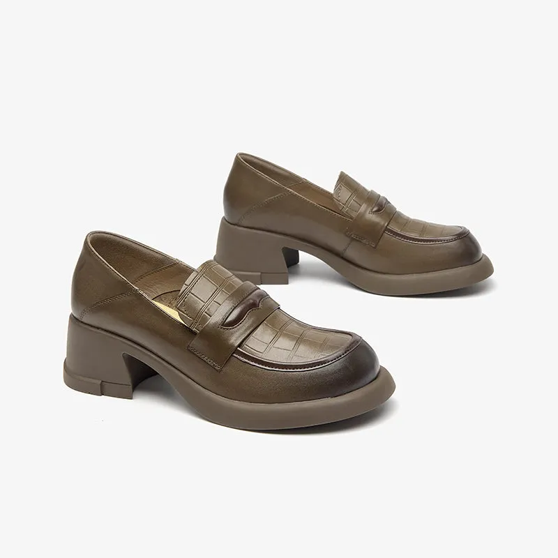 BeauToday Women Genuine Cow Leather Platform Penny Loafers with Block Heeled