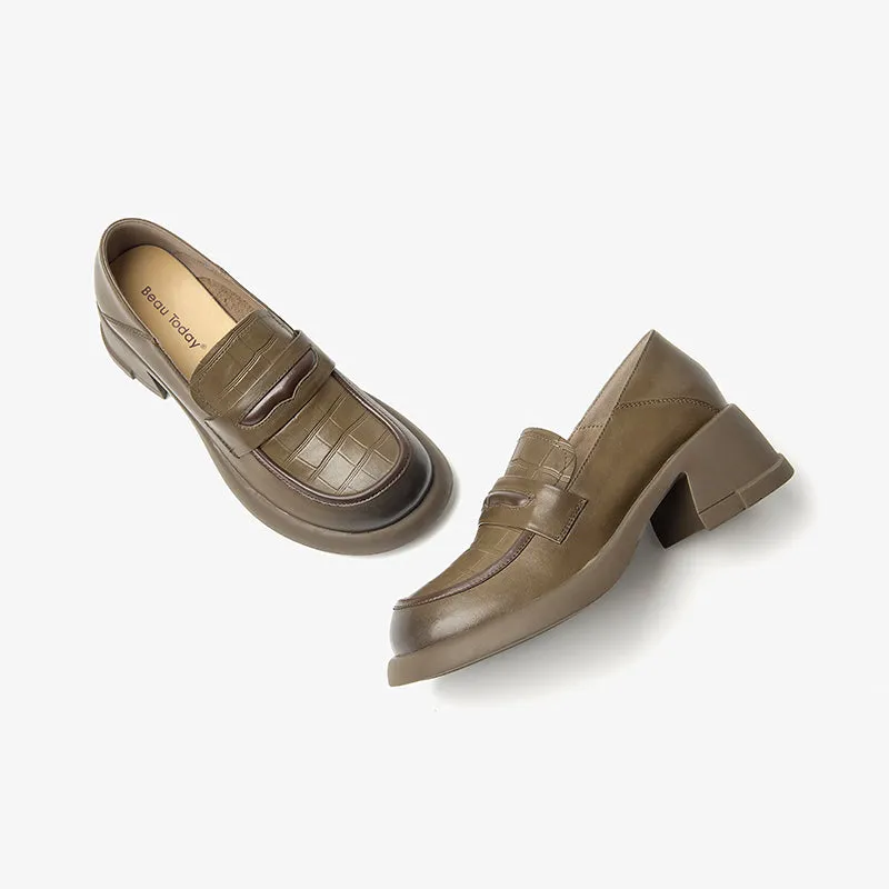 BeauToday Women Genuine Cow Leather Platform Penny Loafers with Block Heeled