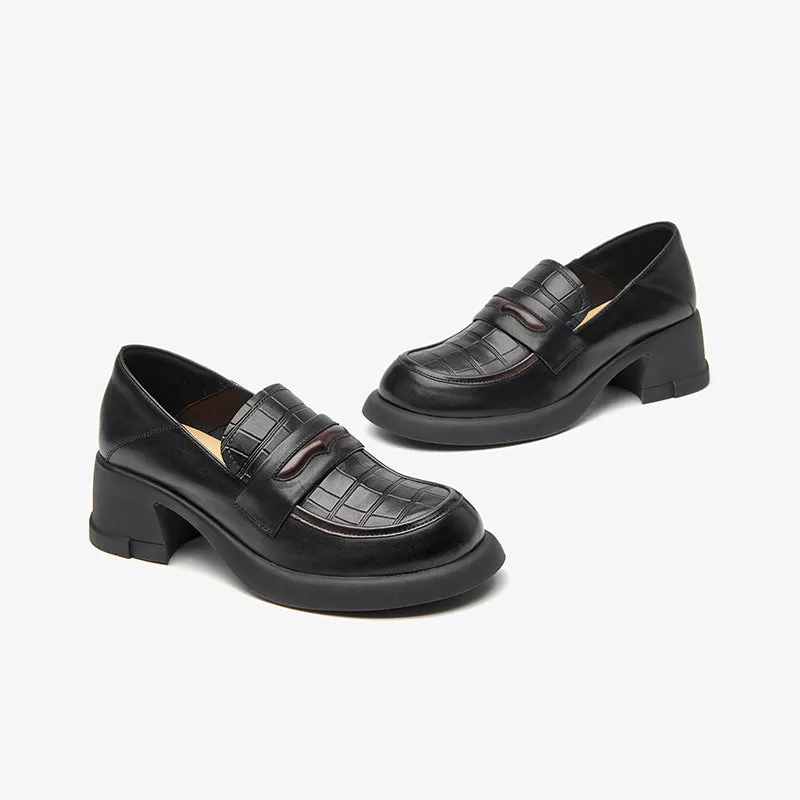 BeauToday Women Genuine Cow Leather Platform Penny Loafers with Block Heeled