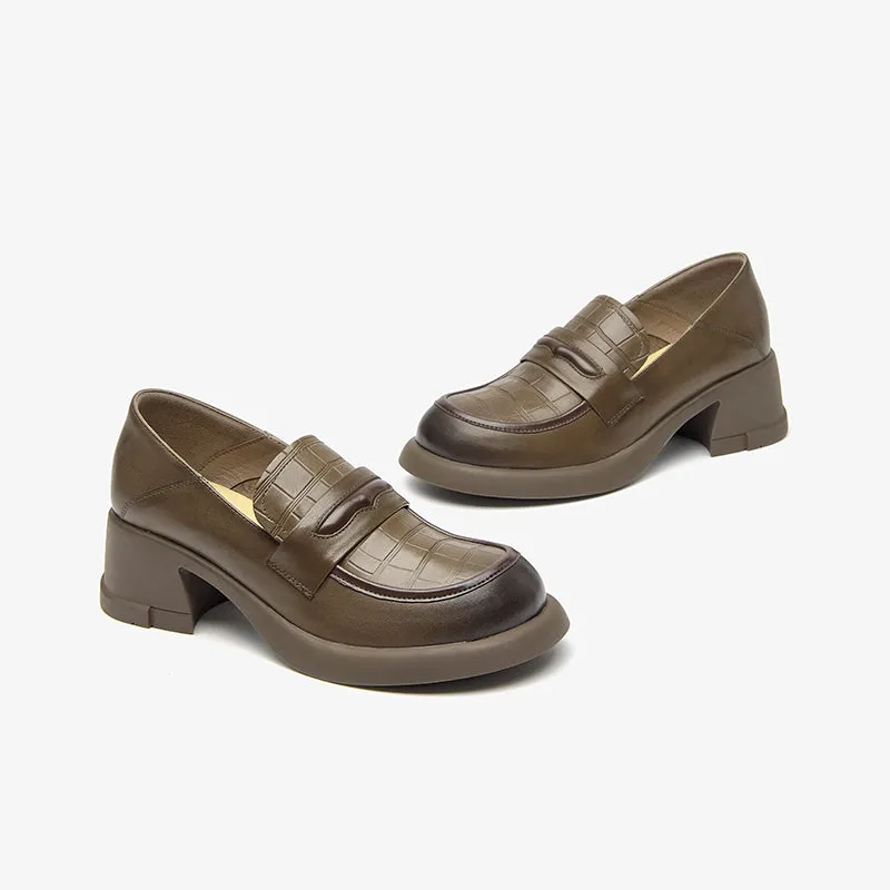 BeauToday Women Genuine Cow Leather Platform Penny Loafers with Block Heeled