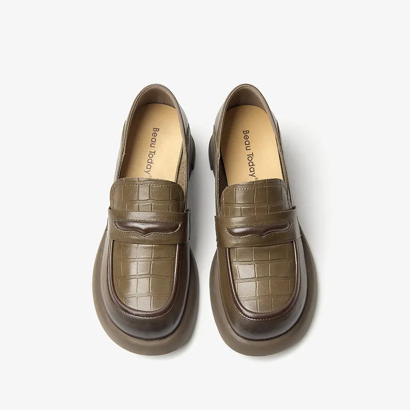 BeauToday Women Genuine Cow Leather Platform Penny Loafers with Block Heeled