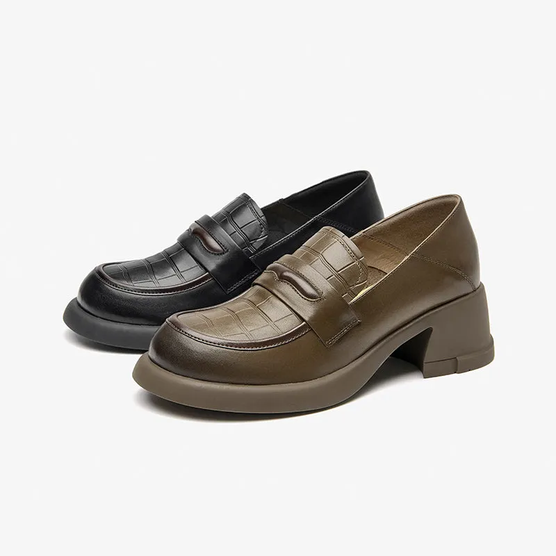 BeauToday Women Genuine Cow Leather Platform Penny Loafers with Block Heeled