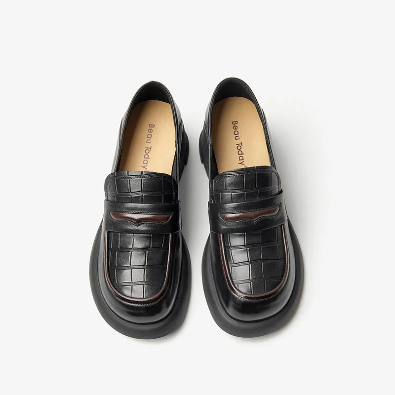 BeauToday Women Genuine Cow Leather Platform Penny Loafers with Block Heeled