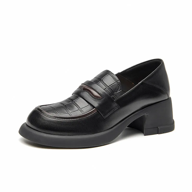 BeauToday Women Genuine Cow Leather Platform Penny Loafers with Block Heeled