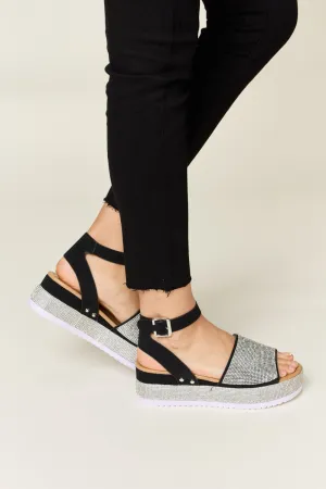 Black Rhinestone Buckle Strappy Wedge Sandals