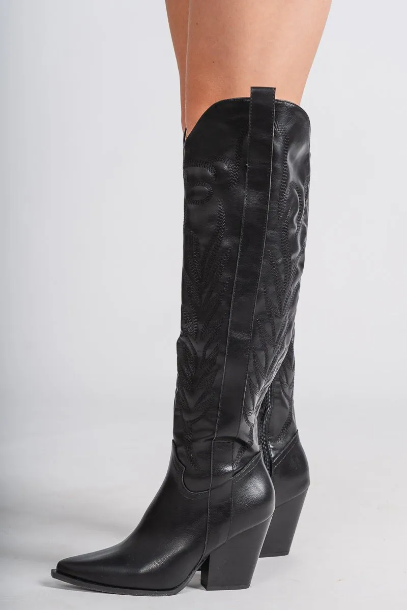 Bronco knee high cowboy boot black