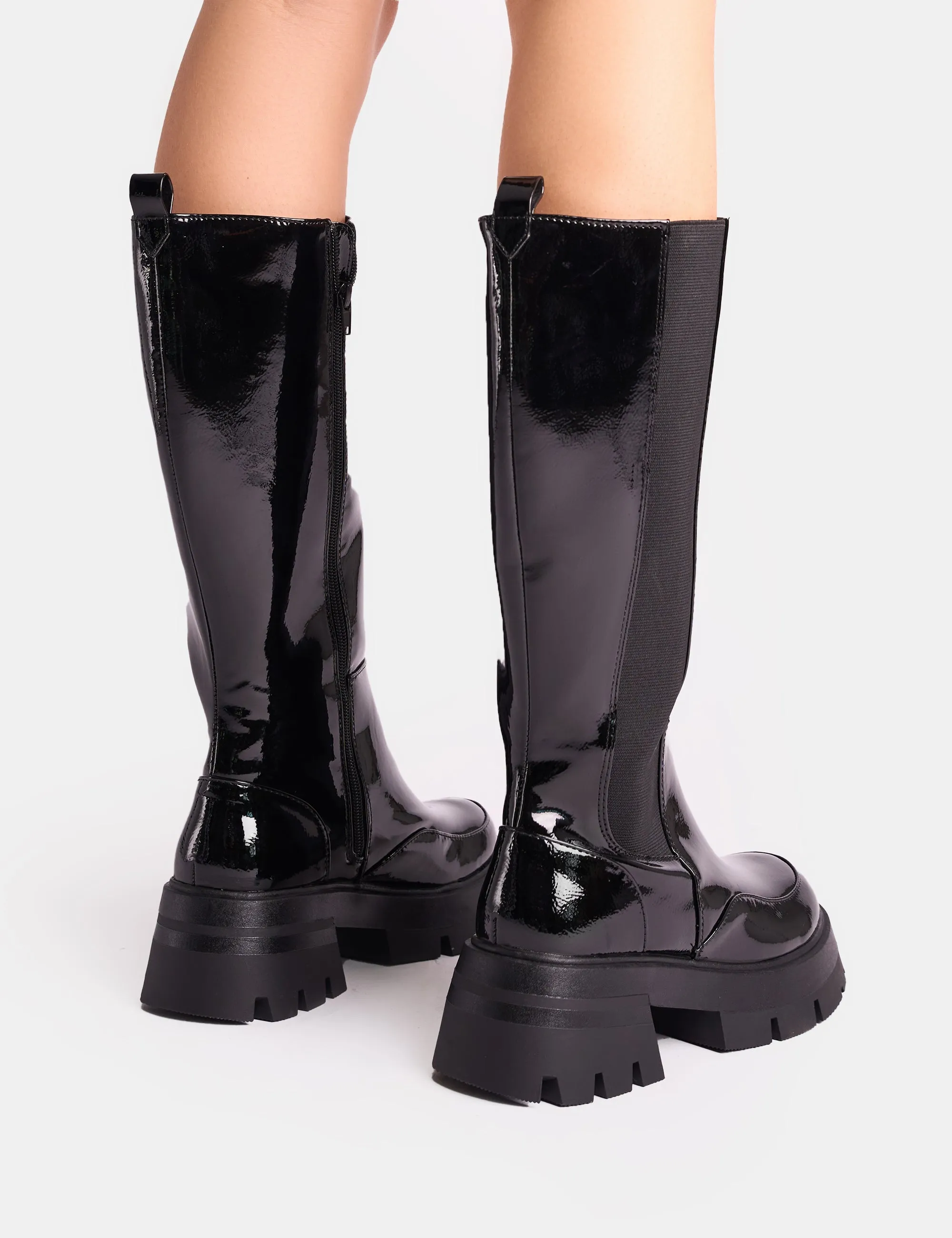 Bryant Black Patent Chunky Sole Elasticated Knee High Boots