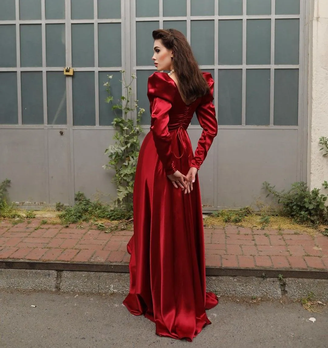 Elegant Formal Burgundy Evening Dress with Long Sleeves  Y4727