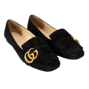 Gucci Black Suede GG Marmont Fringe Detail Ballet Flats