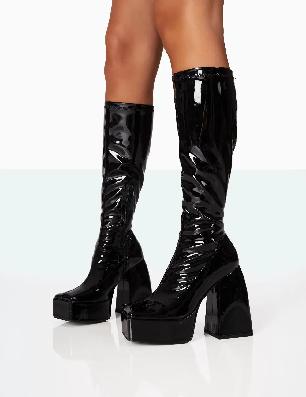 Heartbeat Wide Fit Black Patent Chunky Platform Block Knee High Boots
