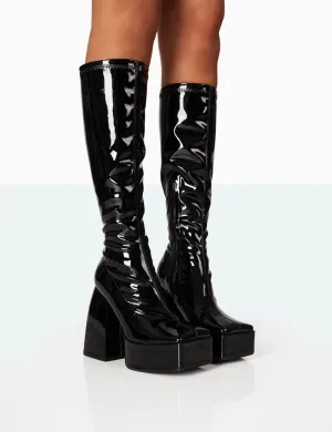 Heartbeat Wide Fit Black Patent Chunky Platform Block Knee High Boots