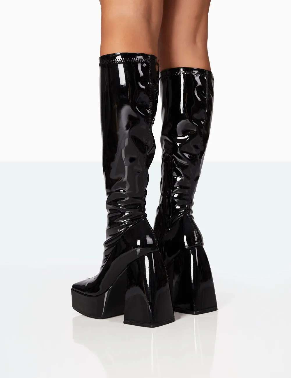Heartbeat Wide Fit Black Patent Chunky Platform Block Knee High Boots