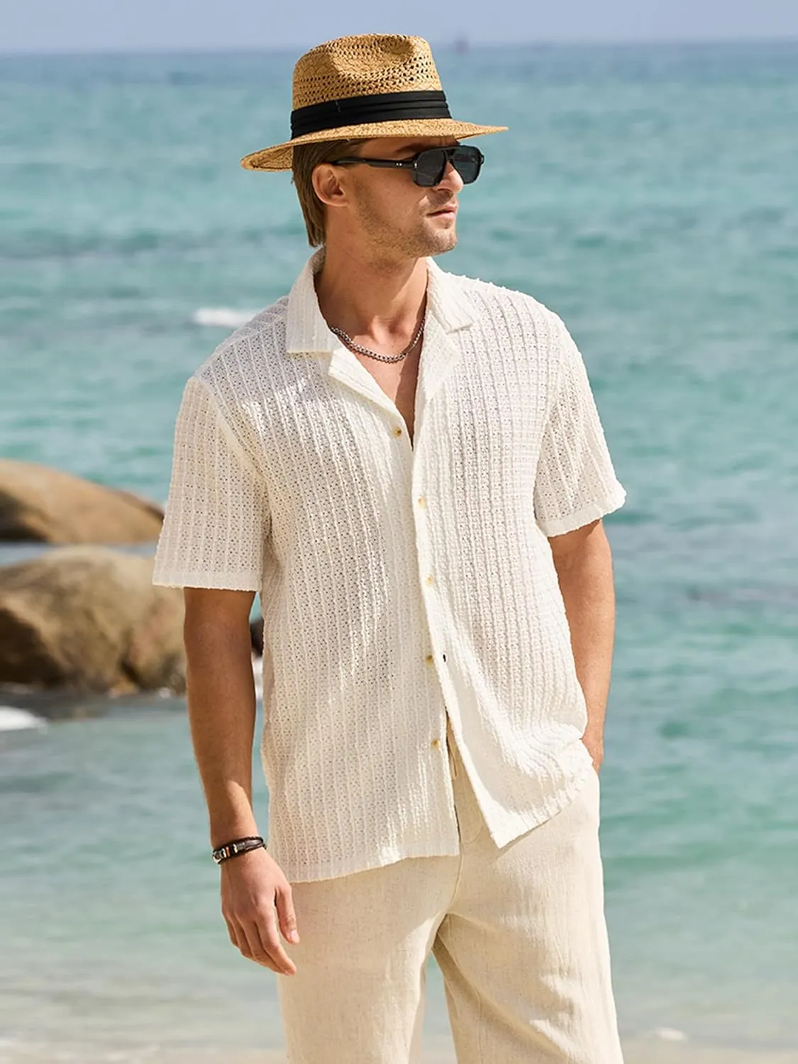 HOTake Men's Casual Summer Beach Shirts Button Down Short Sleeve Crochet Guayabera Shirts
