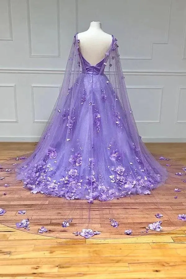 Lavender 3D Floral Lace A Line Sleeves Long Prom Dresses  PSK446