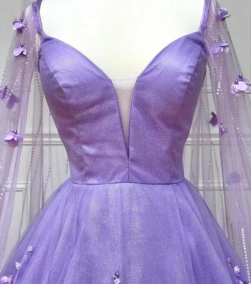 Lavender 3D Floral Lace A Line Sleeves Long Prom Dresses  PSK446
