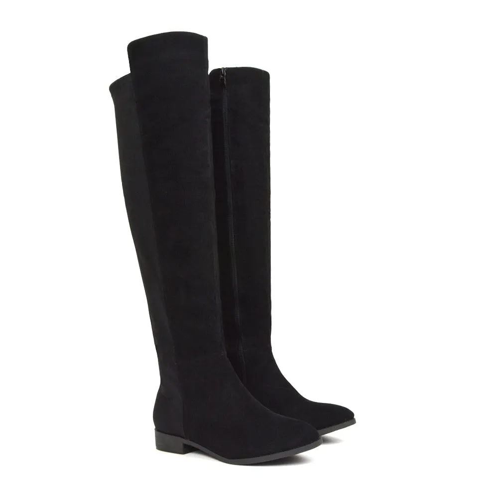 LEGS-ELEVEN FLAT ELASTICATED BACK PANELS OVER THE KNEE BOOTS IN BLACK FAUX SUEDE