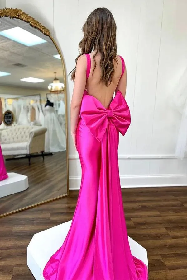 Mermaid Spaghetti Straps Corset Fuchsia Prom Dress With Bow PSK587