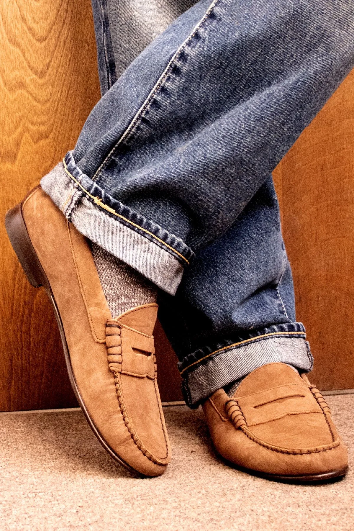 Preston Washed Calfskin Penny Loafer in Tan by T.B. Phelps