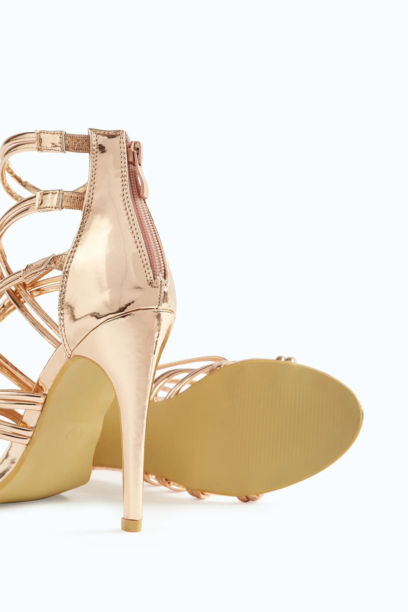 Rose Gold Metallic Patent Heeled Sandals