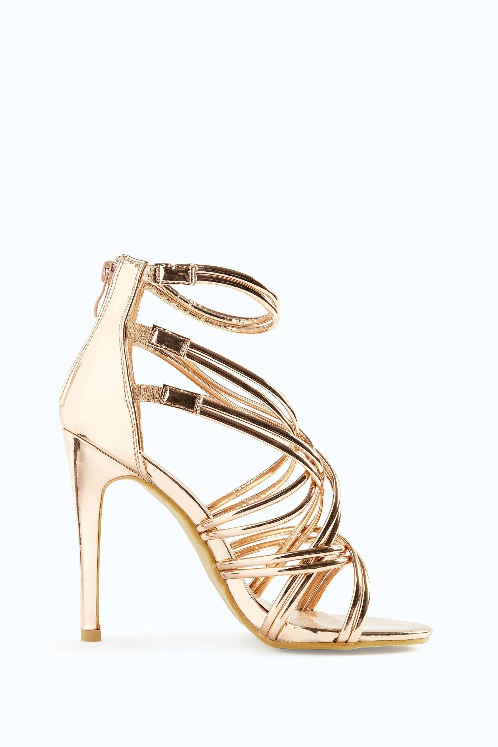 Rose Gold Metallic Patent Heeled Sandals