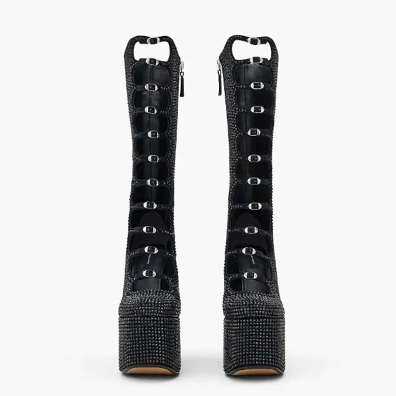 Trend4us Women's Studded Buckle Platform Knee-High Boots