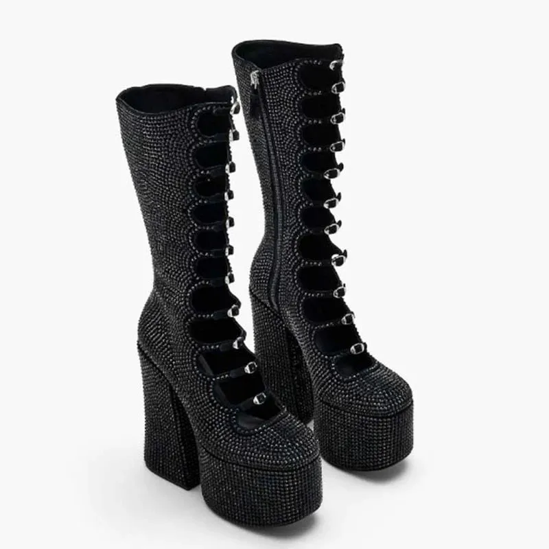 Trend4us Women's Studded Buckle Platform Knee-High Boots