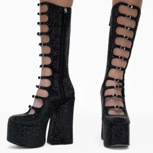 Trend4us Women's Studded Buckle Platform Knee-High Boots