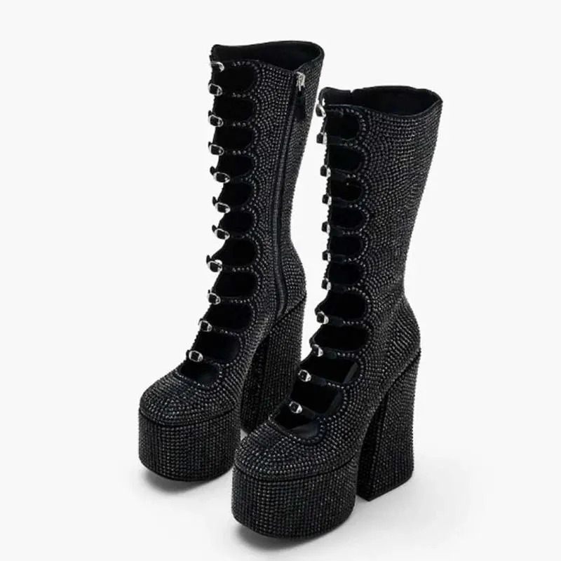 Trend4us Women's Studded Buckle Platform Knee-High Boots