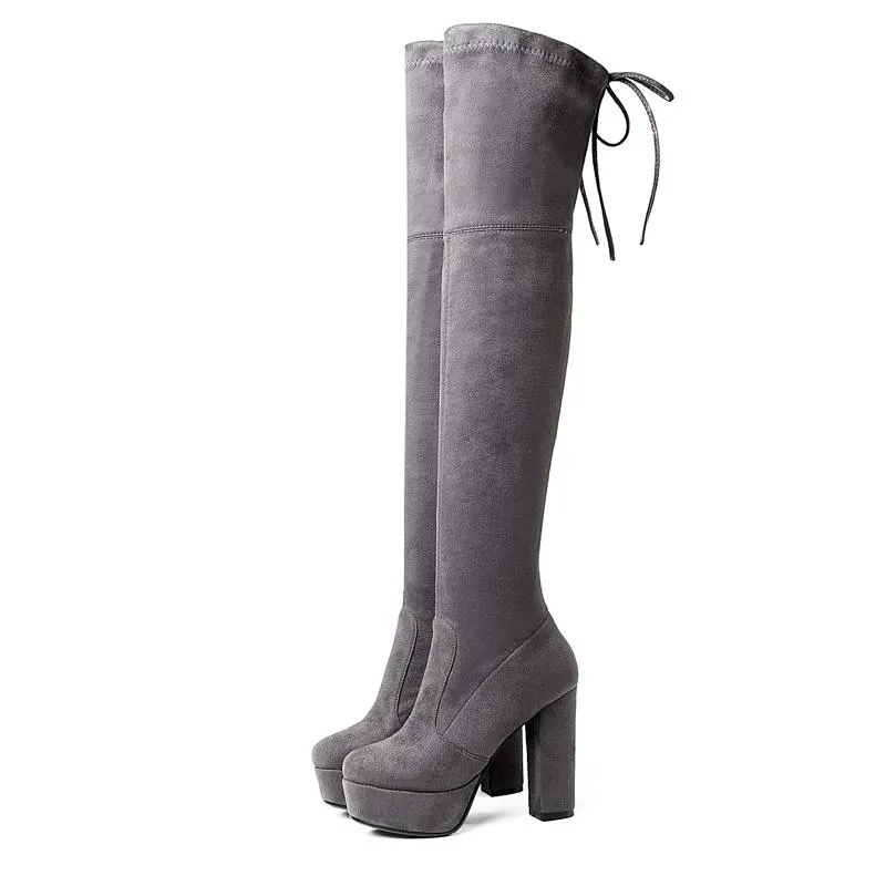 Women's suede stretch platform high heeled thigh high boots sexy tall boots for winter
