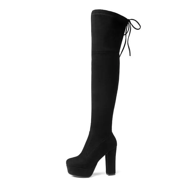 Women's suede stretch platform high heeled thigh high boots sexy tall boots for winter