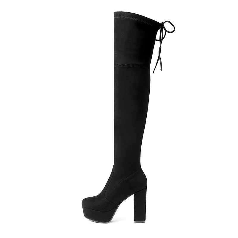 Women's suede stretch platform high heeled thigh high boots sexy tall boots for winter