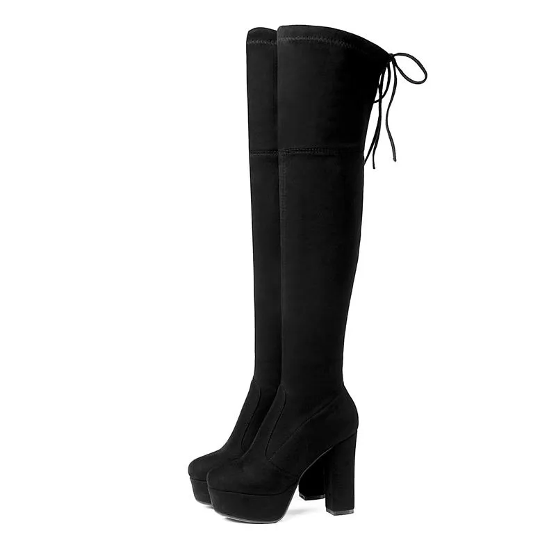 Women's suede stretch platform high heeled thigh high boots sexy tall boots for winter
