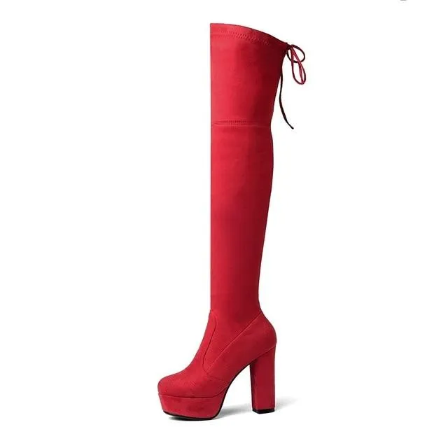 Women's suede stretch platform high heeled thigh high boots sexy tall boots for winter