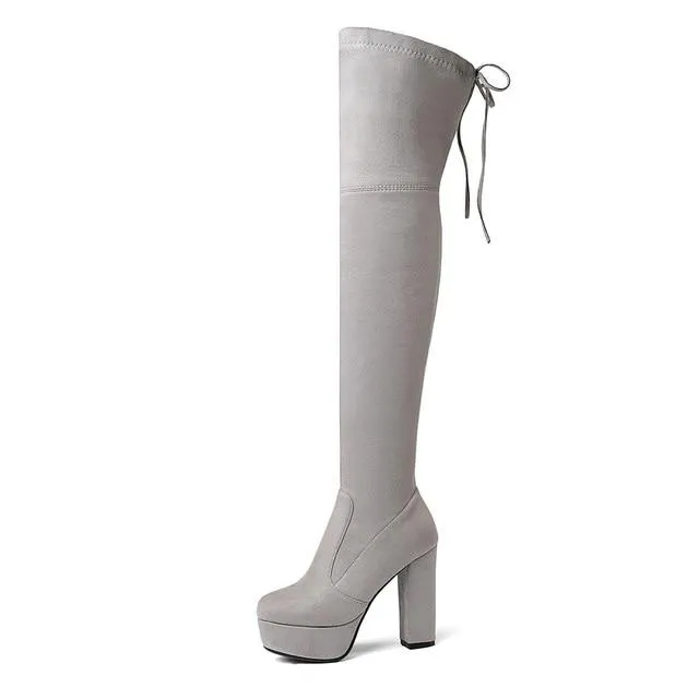 Women's suede stretch platform high heeled thigh high boots sexy tall boots for winter