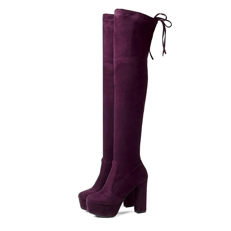 Women's suede stretch platform high heeled thigh high boots sexy tall boots for winter