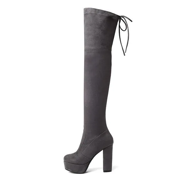 Women's suede stretch platform high heeled thigh high boots sexy tall boots for winter