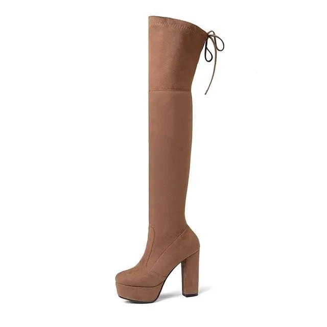 Women's suede stretch platform high heeled thigh high boots sexy tall boots for winter