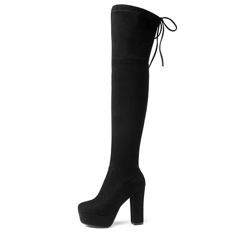 Women's suede stretch platform high heeled thigh high boots sexy tall boots for winter